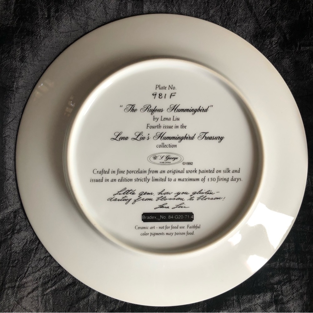Collectible Decorative Plates: Lena Liu’s Hummingbird Treasury Set of 6 - Picture 12 of 17